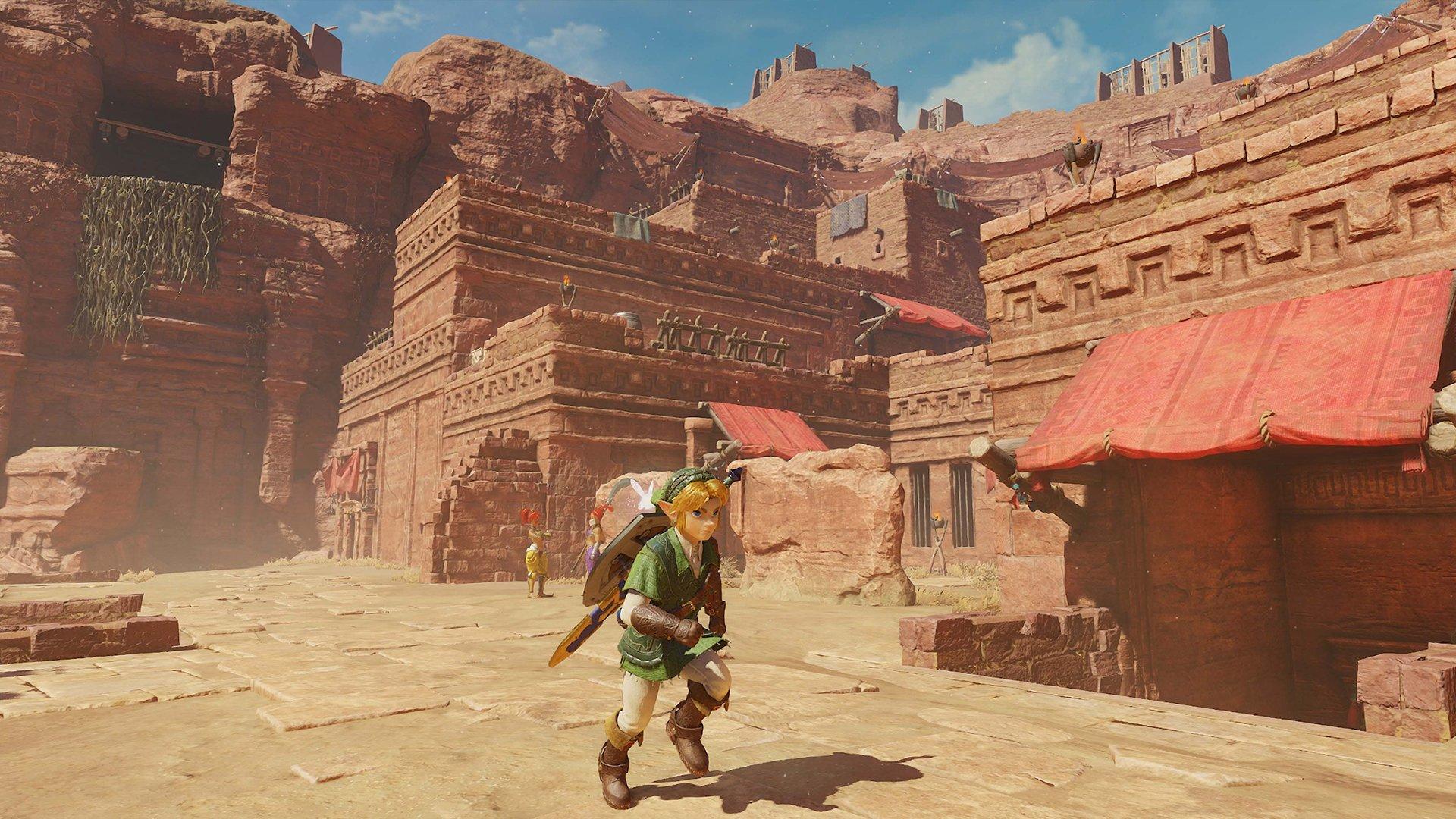 Link from Zelda running through a desert city