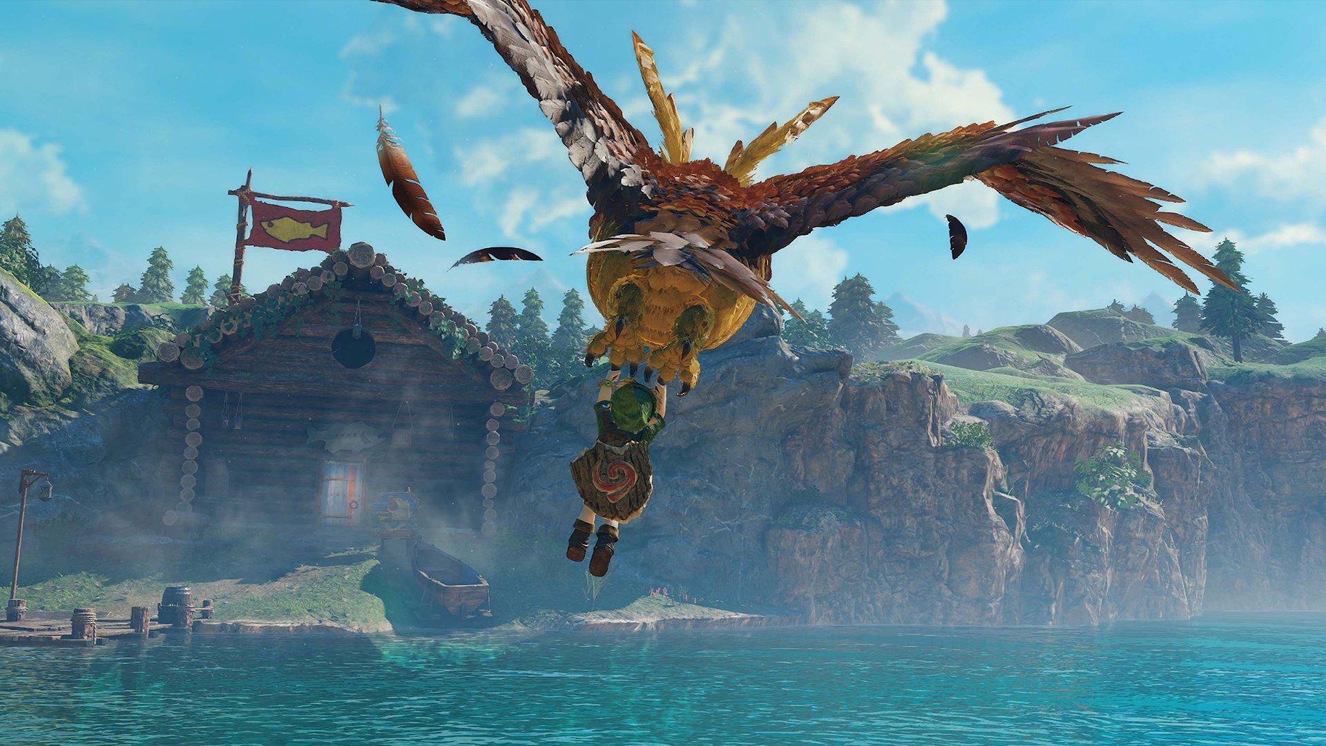 Link from Zelda being carried by a flying bird over a body of water