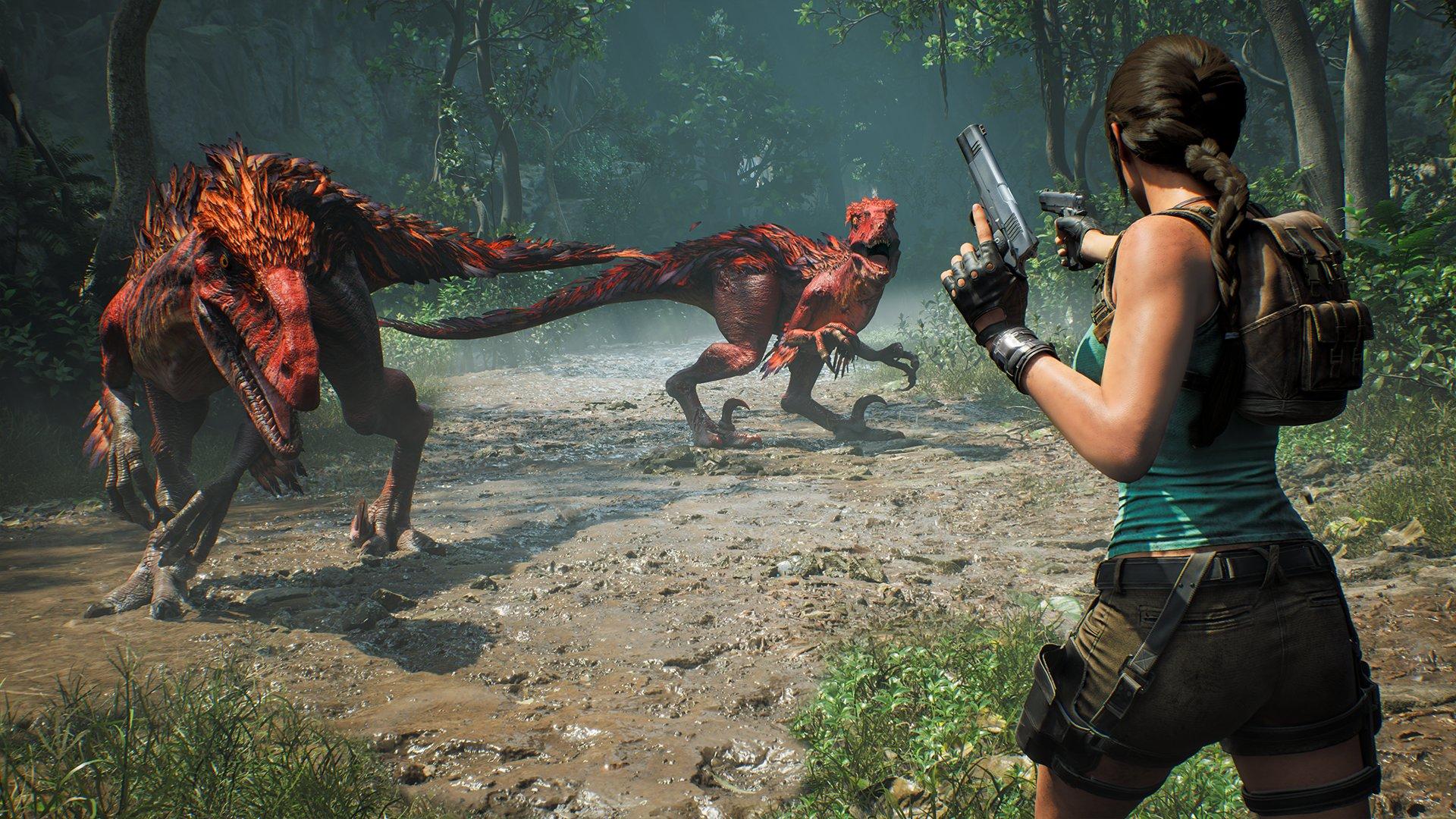 A woman holds two guns, pointing one at a two red dinosaurs that are prowling in front of her
