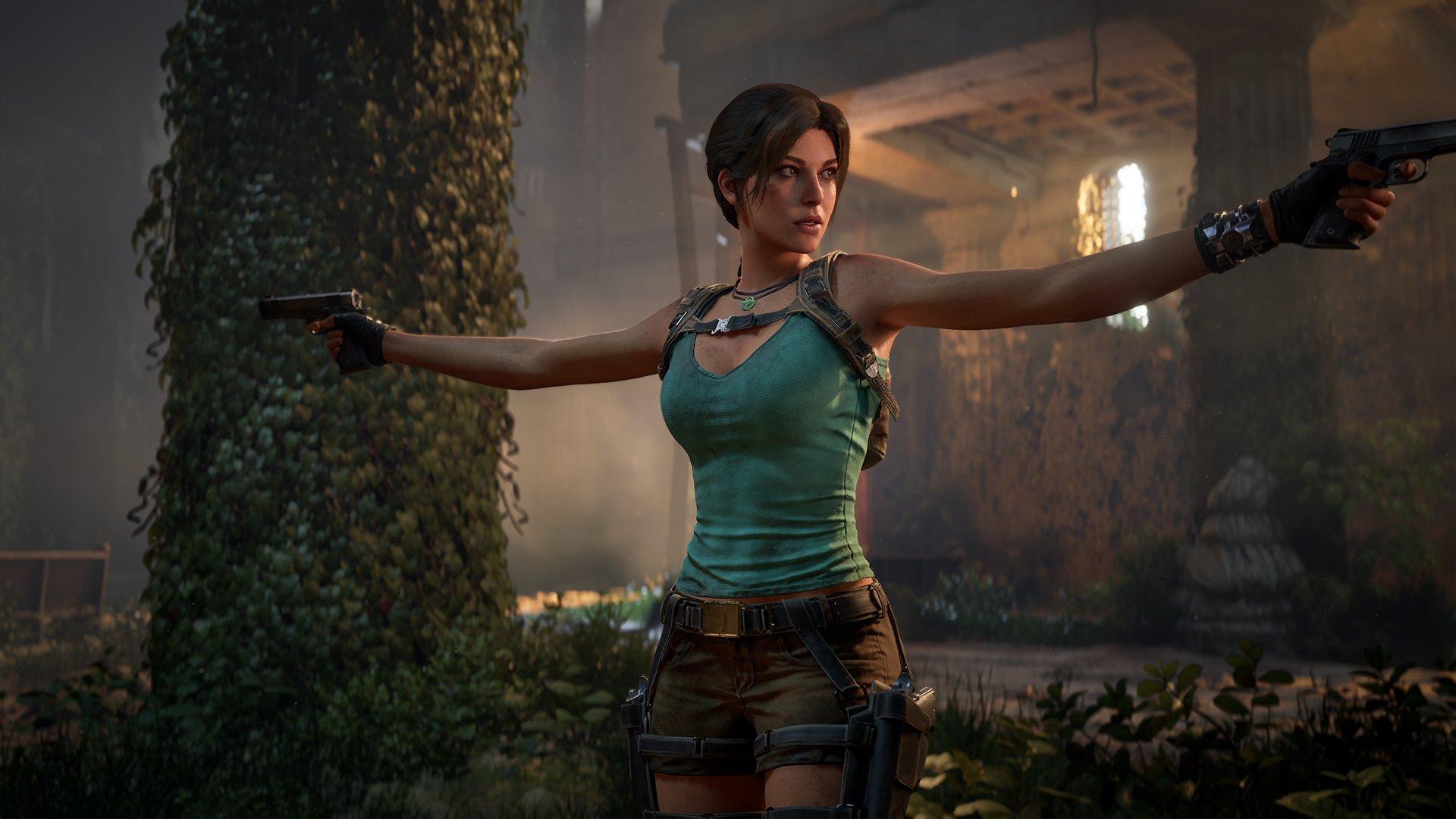 A woman is holding guns in both hands, her arms outstretched