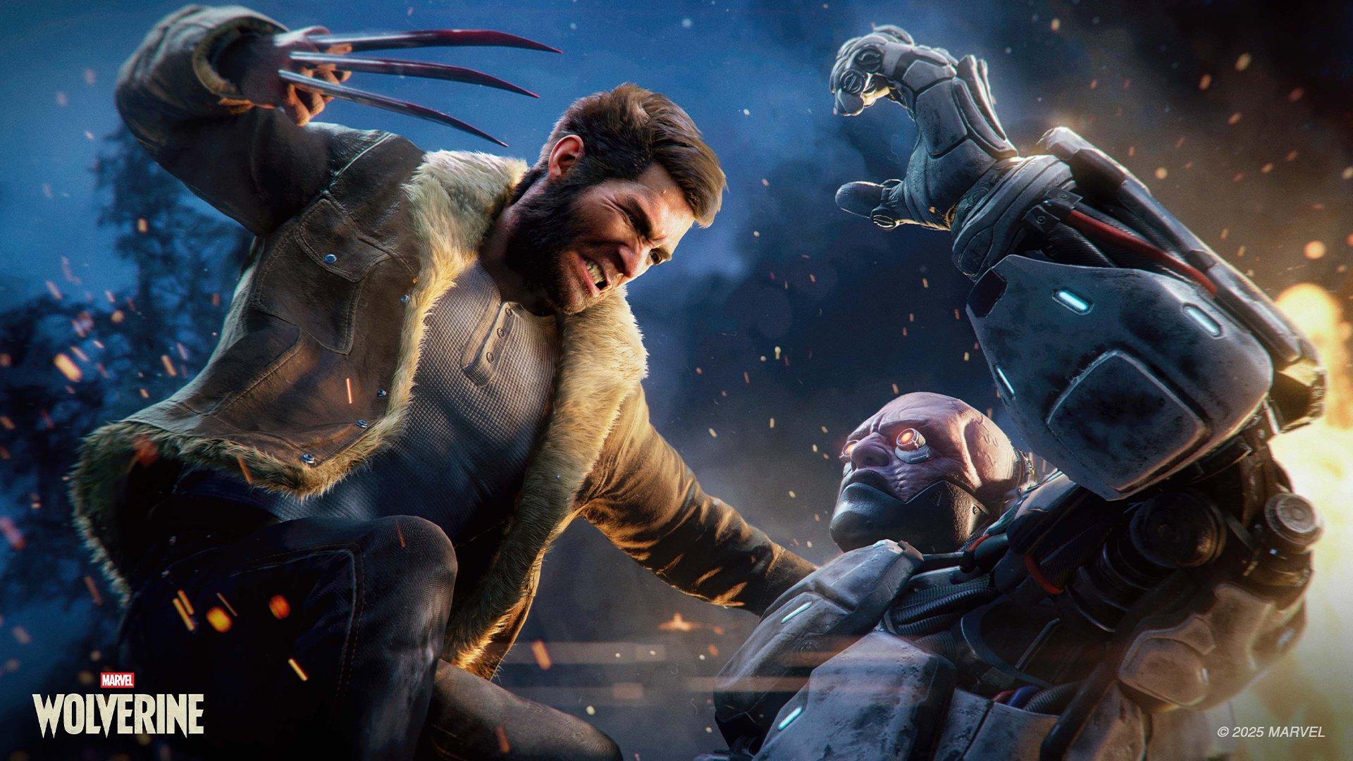 Wolverine has his claws out and is attacking a humanoid robot