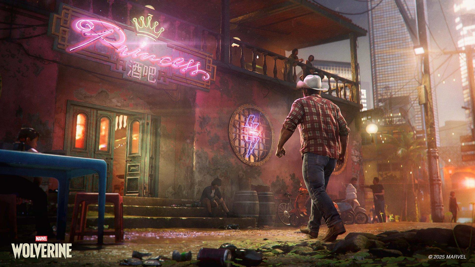 A man in a cowboy hat and plaid shirt is walking up to a building with a neon sign