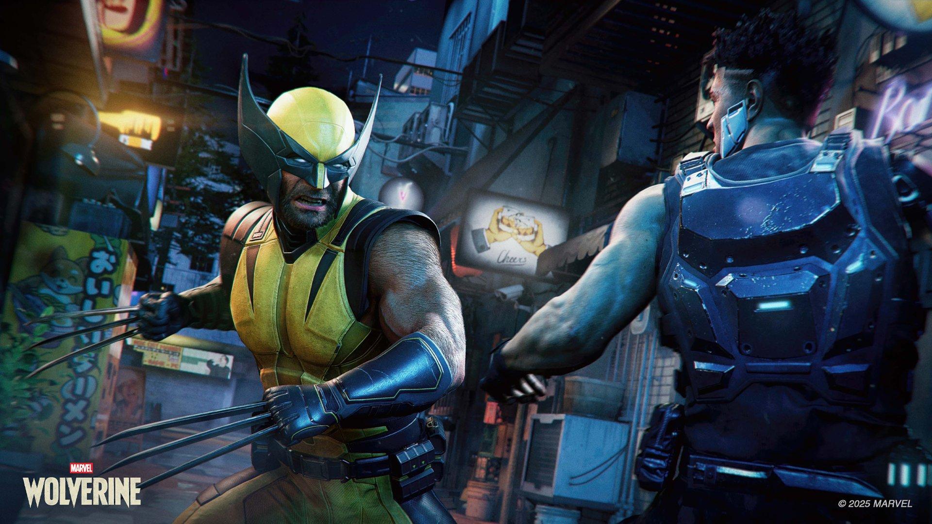 Wolverine is about to hit a person wearing armour whilst outside in an alley