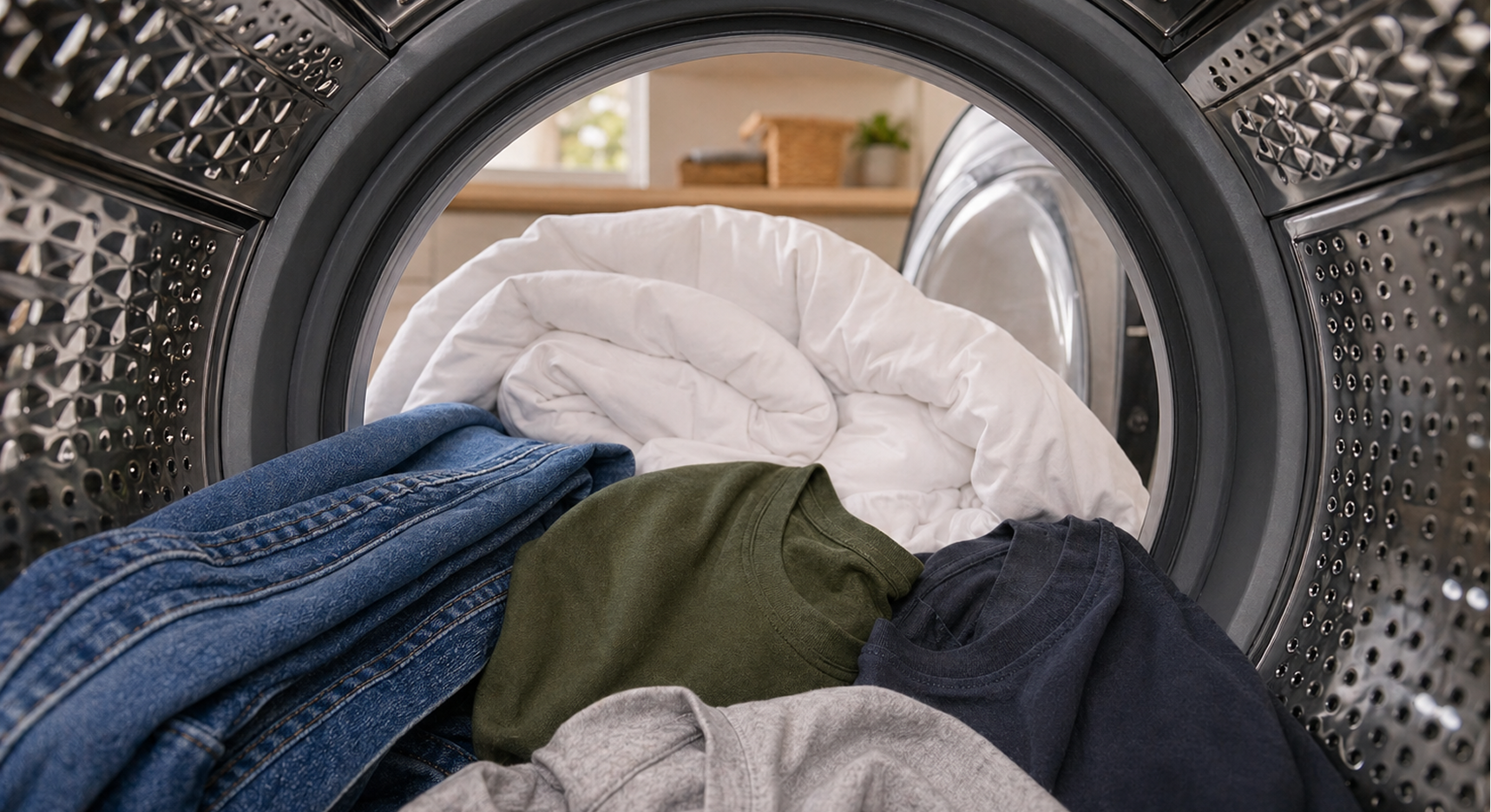 Bottle of laundry detergent next to a hamper