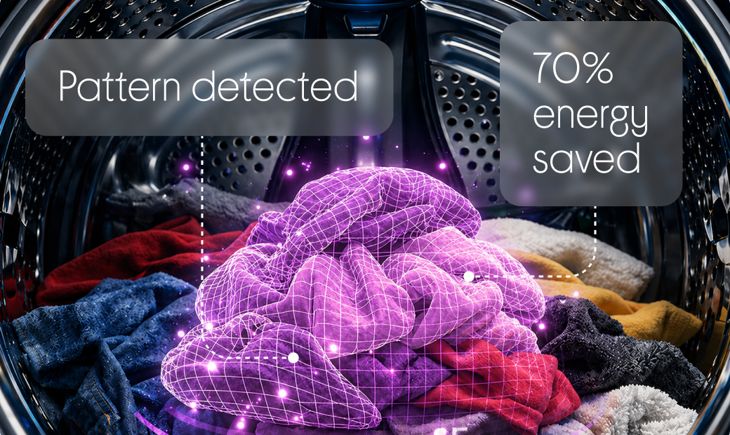 Clothes inside a washing machine drum with 'Pattern detected' and '70% energy saved' overlaid