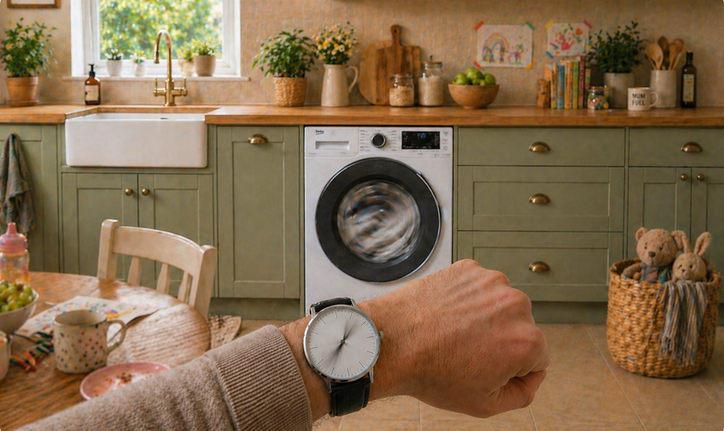 A person's wrist wearing a watch with a laundry room in the background