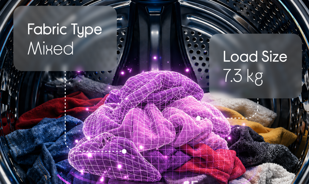 Clothes inside a washing machine drum, with 'Fabric Type Mixed' and 'Load Size 7.3kg' overlaid