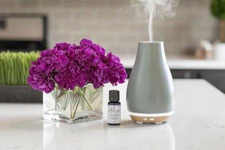 a purple flower and a bottle of essential oil on a table with an electric diffuser