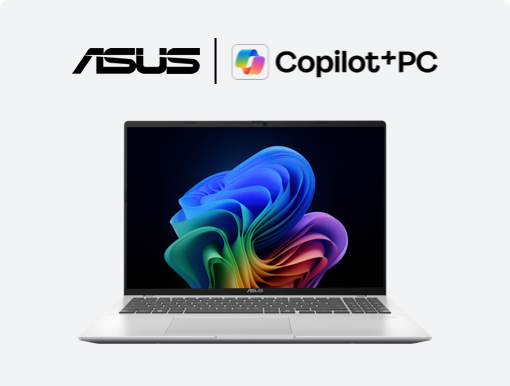 Imagery of ASUS Vivobook 16 Copilot+ PC. Plus Asus & co-pilot logo.