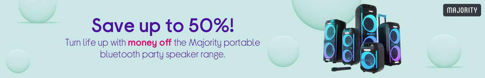 Imagery of Majority portable bluetooth party speaker with logo.