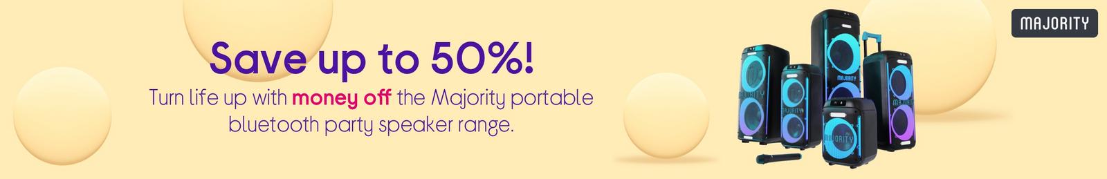 Imagery of Majority portable bluetooth party speaker with logo.