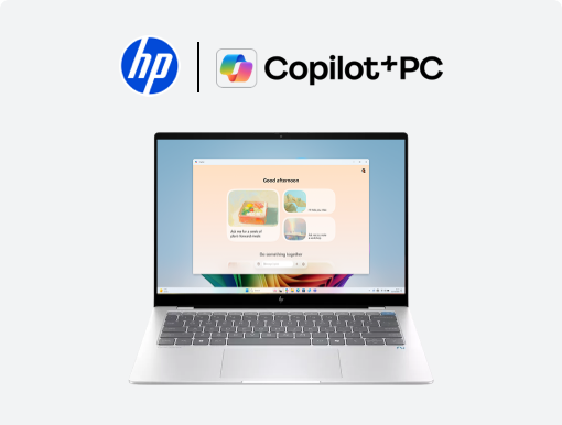Imagery of HP OmniBook X 14" Laptop. Plus HP and co-pilot plus PC logo.