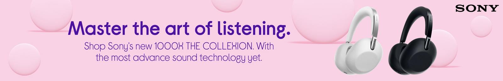Imagery of Sony’s new 1000X THE COLLEXION wireless noise- cancelling headphones with Logo