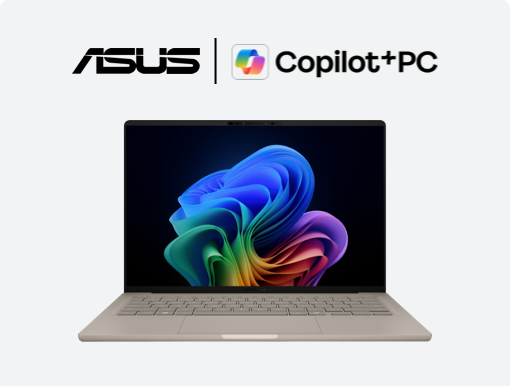 Imagery of ASUS Zenbook A14 Copilot+ PC with logo.
