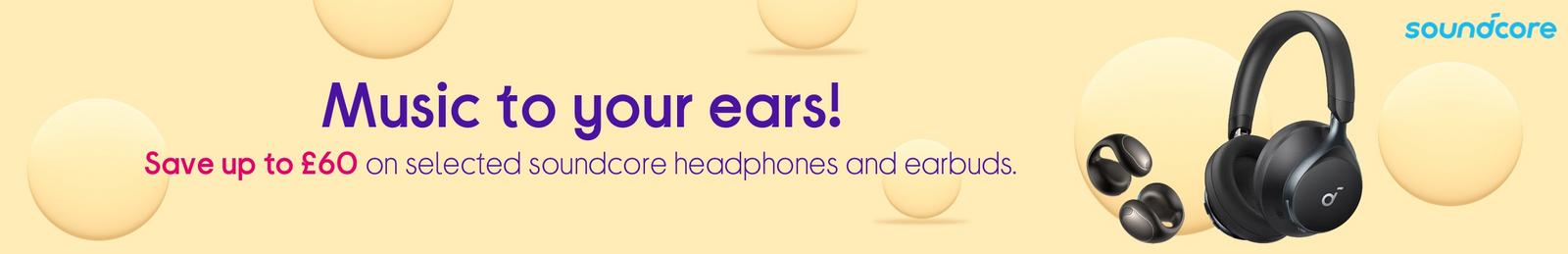 Imagery of soundcore headphones and earbuds with logo.
