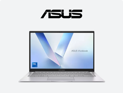 Imagery of ASUS Vivobook 14 laptop plus logo.