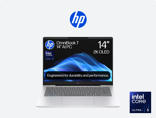 Imagery of HP OmniBook 7 AI laptop plue logo with intel badge.