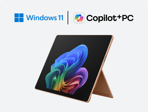 Imagery of Microsoft Surface Copilot+ PC.  Plus Windows and Copilot+ PC logo