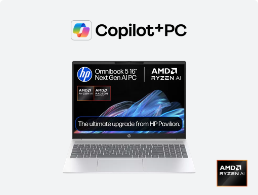 Imagery of HP laptop. Plus AMD and Copilot+ PC logo.
