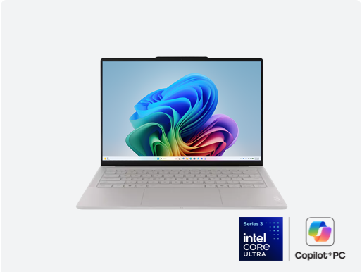 Imagery of laptop. Plus Copilot+ PC logo & Intel family badge.