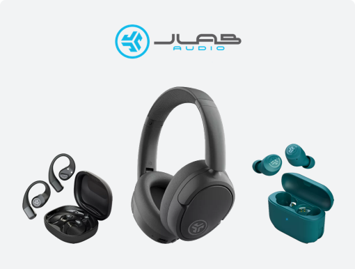 Imagery of JLAB earbuds & headphones with logo.