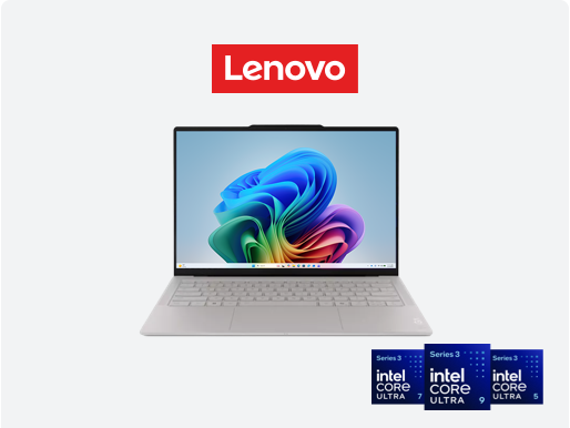 Imagery of laptop. Plus Lenovo logo & Intel family badge.