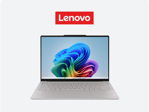 Imagery of laptop. Plus Lenovo logo & Intel family badge.