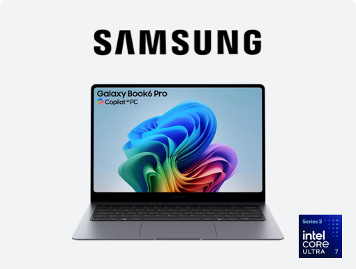Imagery of Samsung Galaxy Book6 Pro. Plus Samsung logo and intel badge.