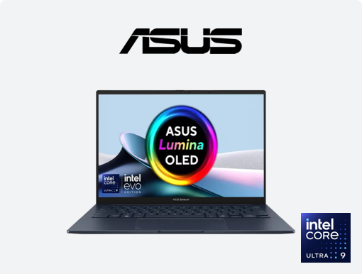 Imagery of  ASUS Zenbook 14 OLED laptop. Plus Asus logo & Intel core 9 badge.