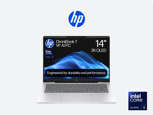 Imagery of  HP OmniBook 7 AI laptop. Plus HP logo & Intel core 5 badge.