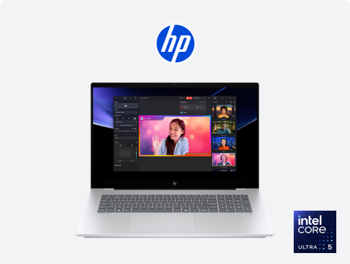 Imagery of  HP OmniBook 7 17” laptop. Plus HP logo & Intel core 5 badge.