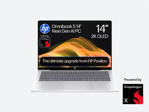 Imagery of HP Omnibook 5 laptop. Plus HP logo & Snapdragon badge.