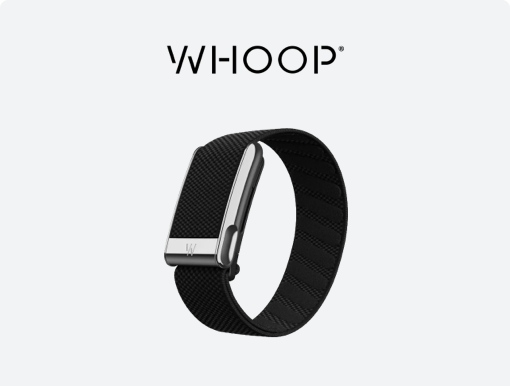 Whoop fitness trackers with logo.