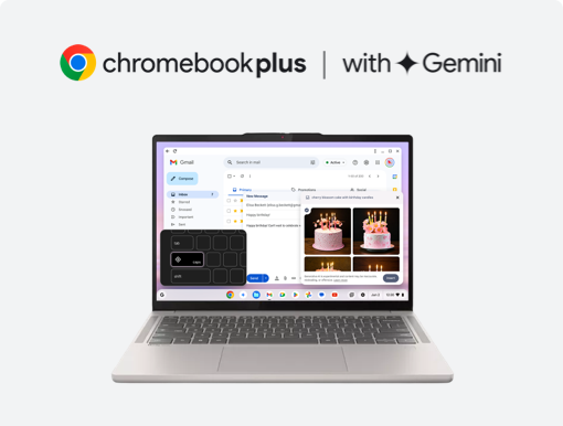 Imagery of Chromebook. Plus Chromebook Plus with Gemini logo.