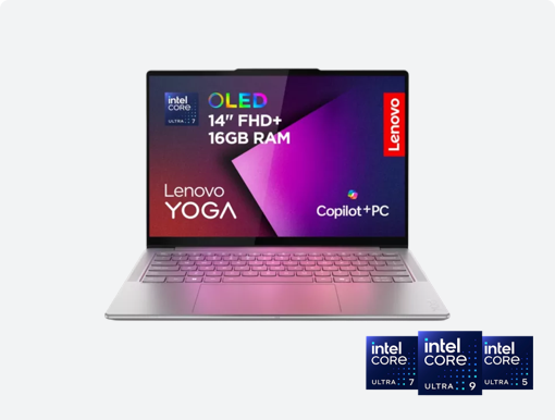 Imagery of Lenovo Yoga Slim 7. Plus Lenovo logo and intel 7 badge.