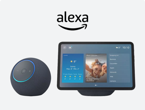 Imagery of Amazon Alexa smart speakers with logo.