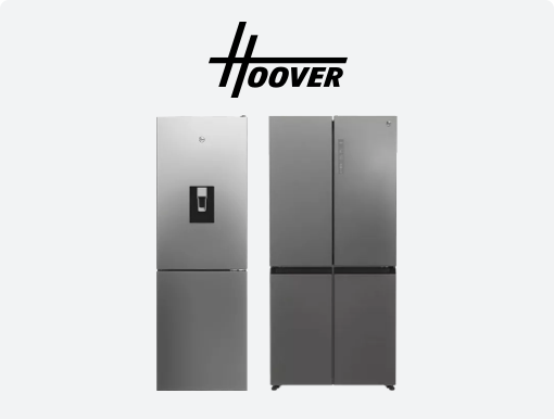 Hover logo, two Grey colour Fridge Freezers.