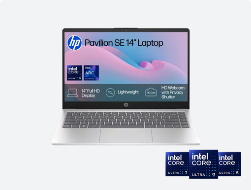 Imagery of laptop. Plus Intel Core Ultra family badge.