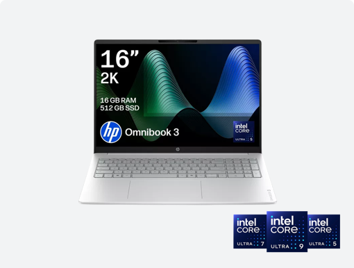 Imagery of laptop. Plus Intel Core Ultra family badge.