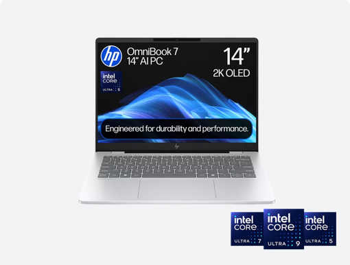 Imagery of laptop. Plus Intel Core Ultra family badge.
