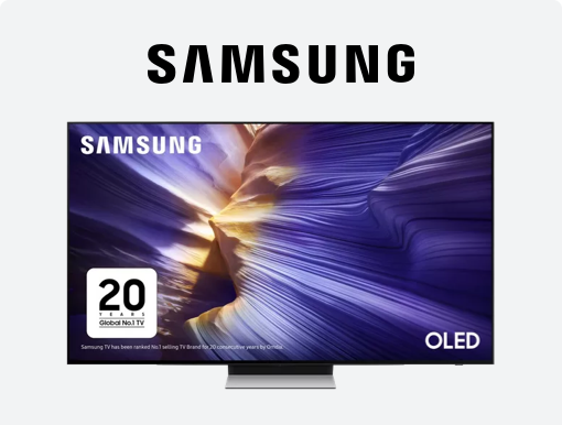 Imagery of Samsung S90F OLED TVs with logo.