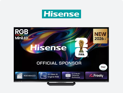 Imagery of Hisense RGB MiniLED TVs with logo.