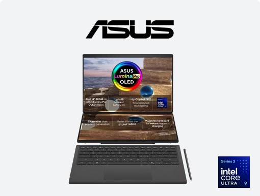 Imagery of ASUS Zenbook Duo. Plus Asus logo and intel core ultra 9 badge