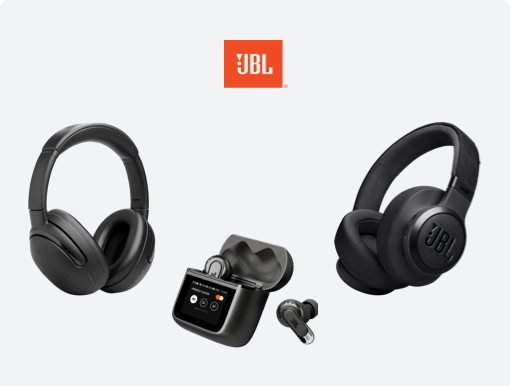 Imagery of JBL headphones with logo.