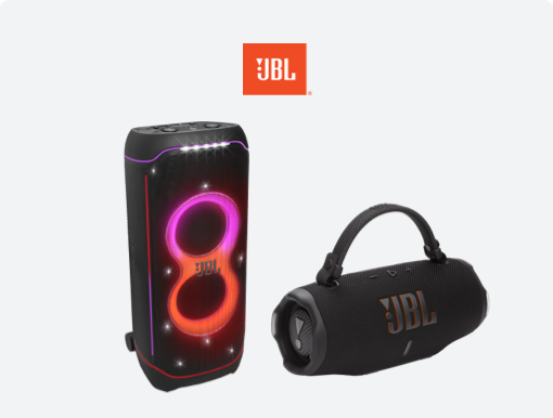 Imagery of JBL speakers with logo.