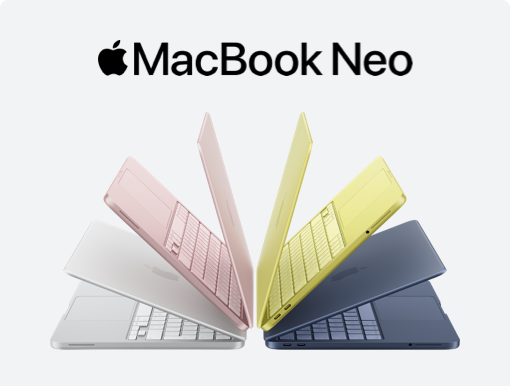 Imagery of MacBook Neo. Plus logo.