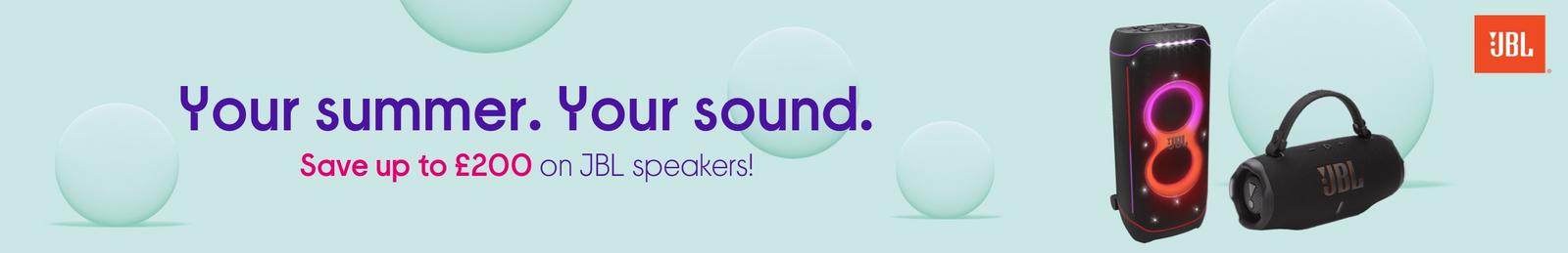 Image of JBL speakers with logo.