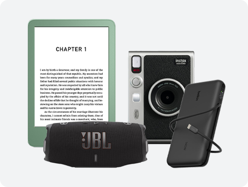Amazon Kindle e-reader, JBL speaker, Instax camera, Belkin powerbank