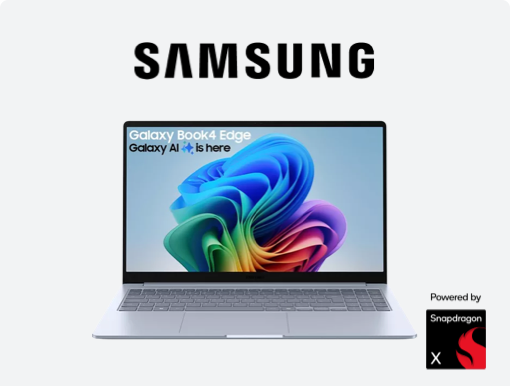 Imagery of Samsung Galaxy Book4 Edge. Plus Samsung logo and Snapdragon X badge.