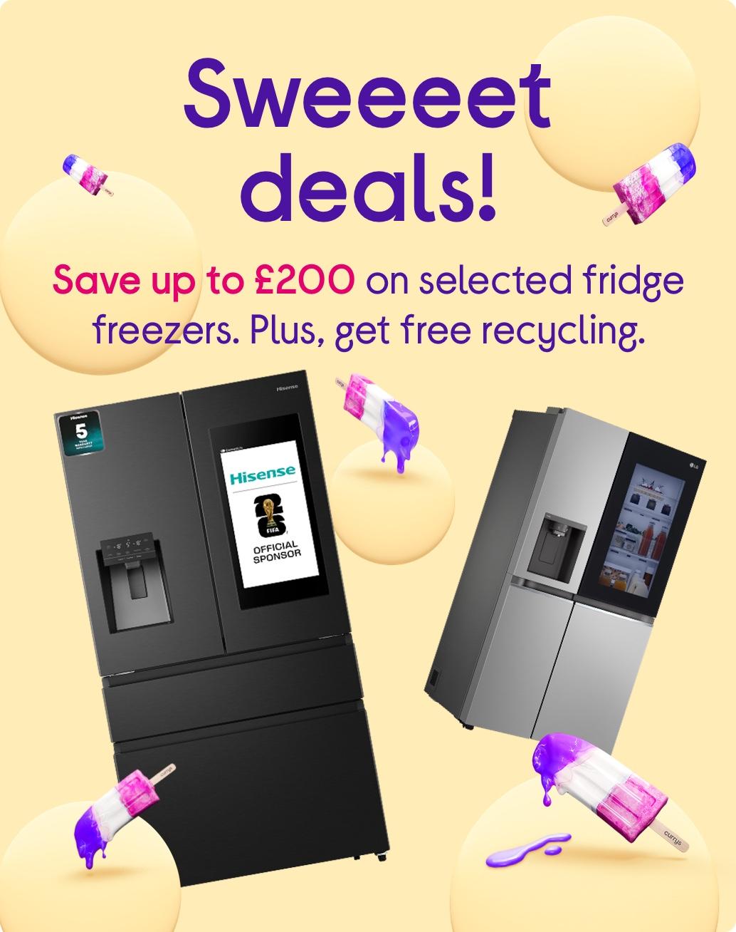 Images of Hisense and LG fridge-freezers and flying ice creams